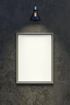 Ceiling lamp hanging and shining on empty blank photo picture frame on loft.. Stock Illustration