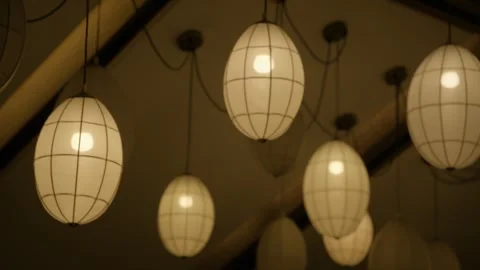 Ceiling Lanterns Casting Warm Light in Beijing Restaurant Interior Stock Footage 345784051