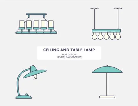 Ceiling light and classic table lamp. Flat design. Stock Illustration