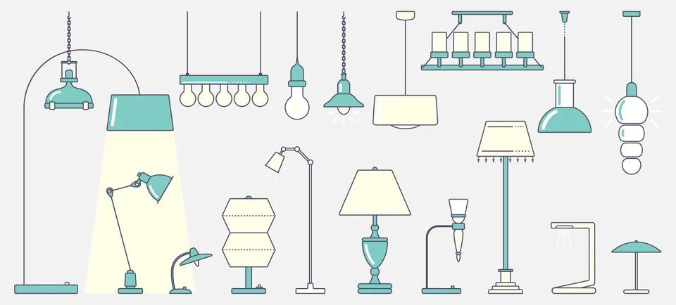 Ceiling light and classic table lamp. Flat design. Stock Illustration