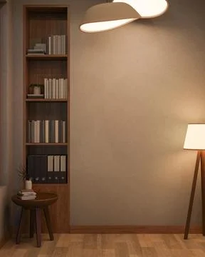 Ceiling light and high floor lamp aside wooden bookshelf and table on parqu.. Stock Illustration