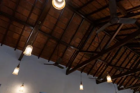 A ceiling with lights hanging from it. in Chennai 스톡 사진
