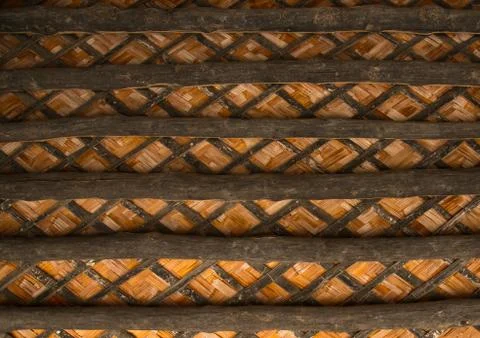 Ceiling made out of palm trunk beams with plaited palm fronds, Hormozgan, Stock Photos