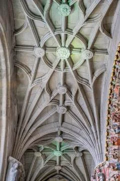 Ceiling, Medieval Gothic architecture inside a cathedral in Spain. Stones and Stock Photos