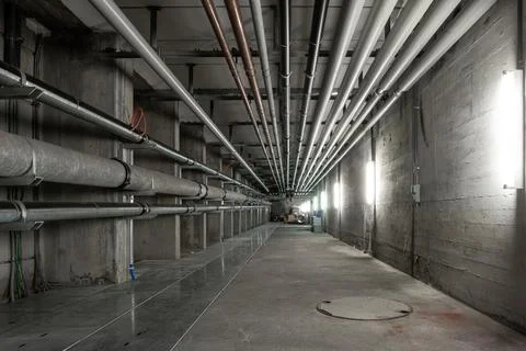 Ceiling mounted industrial pipelines inside underground  building, Long corri Stock Photos