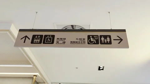 Ceiling-Mounted Signage: Directions to Restrooms and Accessible Elevator Stock Footage 294329120