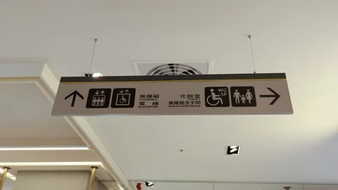 Ceiling-Mounted Signage: Directions to Restrooms and Accessible Elevator Stock Footage 295370188