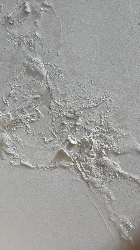 Ceiling with peeling paint and plaster from water leak and moisture damage.  動画素材 340645707