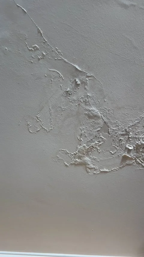 Ceiling with peeling paint and plaster from water leak and moisture damage.  動画素材 340645720
