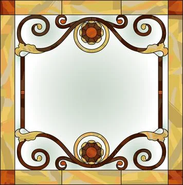 Ceiling stained glass window. Abstract Flower in square frame. Vector Stock Illustration