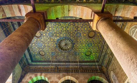 Ceiling of Sultan Barquq mosque with blue and golden floral pattern decora... Stock Photos