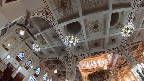 Ceiling view inside El Mina Mosque, Hurghada, Egypt, showing ornate arches Stock Footage 333655350