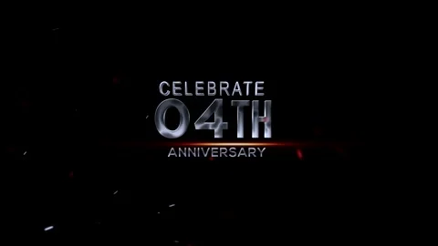 Celebrate fourth anniversary with shiny silver text and red sparks on dark .. Video stock 343668942