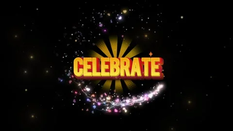 Celebrate text graphic surrounded by animated glowing particles and radiant Видео 345129235