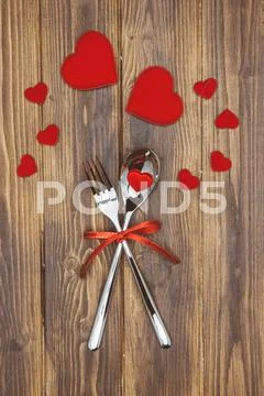 Celebrate valentine's day, spoon, fork and hearts shape Stock Photos