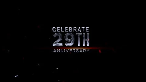 Celebrating 29th anniversary with silver text and confetti on dark background Video stock 343668972