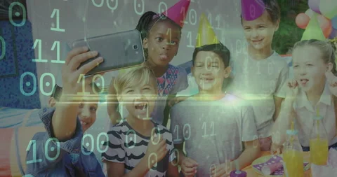 Celebrating birthday, children with digital binary code animation overlay in Stock Footage 306215467