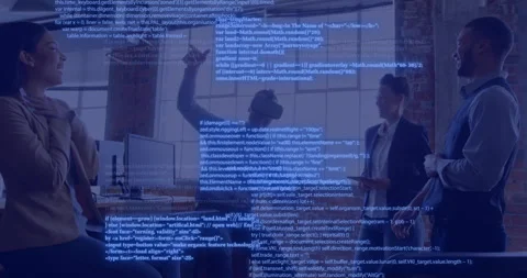 Celebrating business team in office with programming code animation over them Stock Footage 306637184
