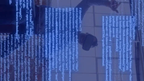 Celebrating business team in office with programming code animation over them Stock Footage 313095494