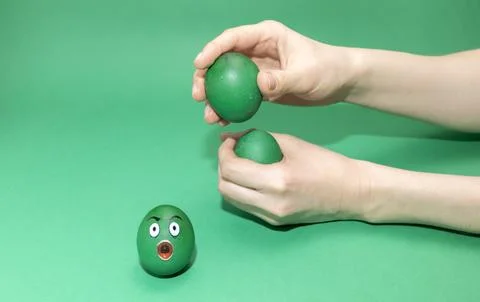 Celebrating Easter, Playing Easter Game With Egg. Green colored emotional hen Stock Photos