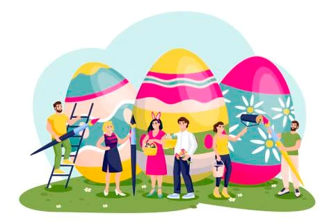 Celebrating Easter. Vector illustration of happy people painting Easter eggs. Stock Illustration