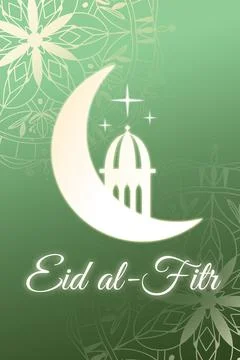 Celebrating Eid al-Fitr during Ramadan at a mosque with a crescent moon design Stock Illustration