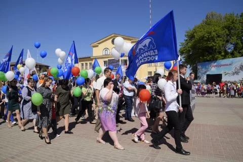 Celebrating the first of May, the day of spring and work. May Day parade on t Stock-Fotos