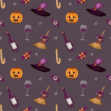 Celebrating Halloween with a seamless pattern of pumpkins, witches, and aut.. Stock Illustration