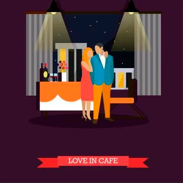 Celebrating romantic couple in restaurant. Vector illustration in flat style Ilustração Stock