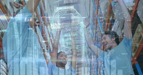 Celebrating success, team implementing data security in modern warehouse setting Stock Photos