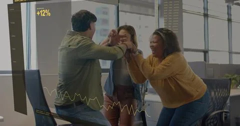 Celebrating team of three stacking hands at office windows in green jacket with Stock Photos