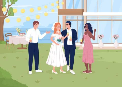 Celebrating wedding event in backyard flat color vector illustration Stock Illustration