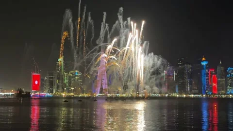 Celebrating world cup with firework in Doha, Qatar 2022. corniche beach Vidéo 229755119