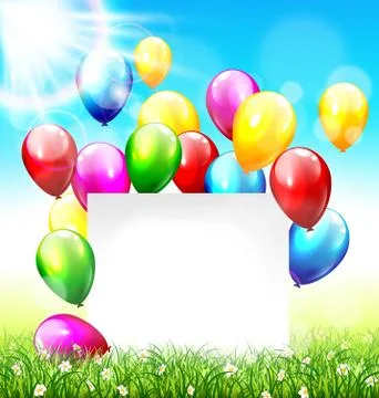 Celebration background with frame balloons grass lawn and sunlig Illustrazione stock