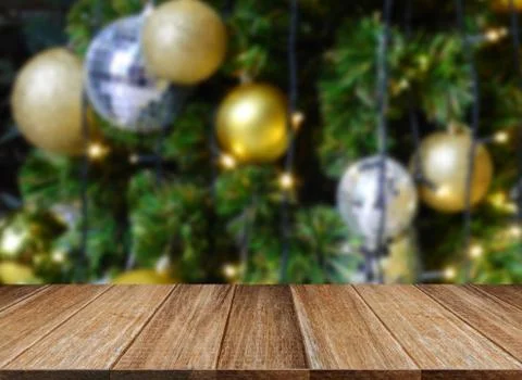Celebration background of Wood table top on colorful bokeh Foto stock