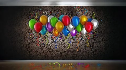 Celebration with balloons and confetti inside a room. 3D illustration Stock Illustration