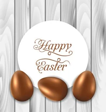 Celebration card with Easter chocolate eggs on wooden grey background Illustrazione stock