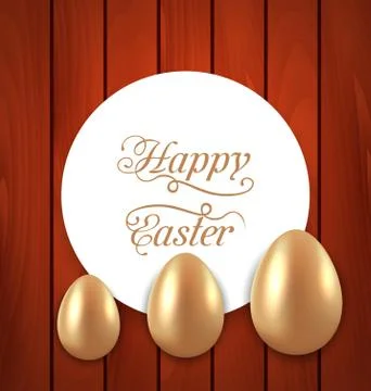 Celebration card with Easter golden eggs on wooden red background Illustrazione stock