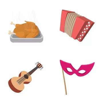 Celebration elements with roasted turkey, mask, accordion, and guitar 库存插图