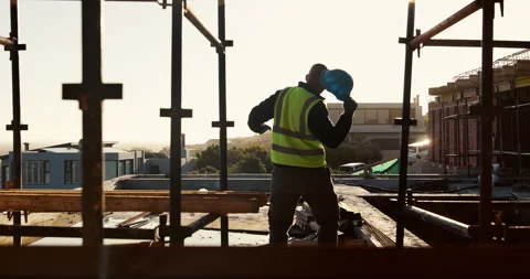 Celebration, engineer and back of man on construction site for bonus, cheering Stock Footage 336780390