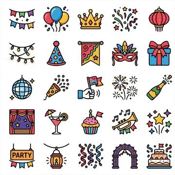 Celebration Event Icons Set Featuring Party Decorations and Festive Objects 스톡 일러스트