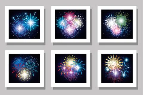 Celebration fireworks frames set vector design Stock Illustration