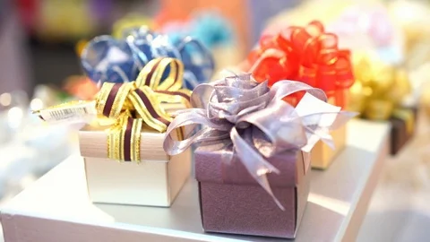 Celebration gift boxes, slow-motion panning shot Stock Footage 100530065