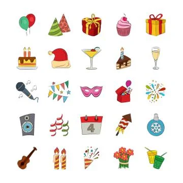 Celebration Hand Drawn Colored Vector Icons Stock Illustration