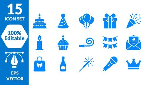 Celebration Party Event Vector Icon Set with Festive Elements and Symbols Stock Illustration