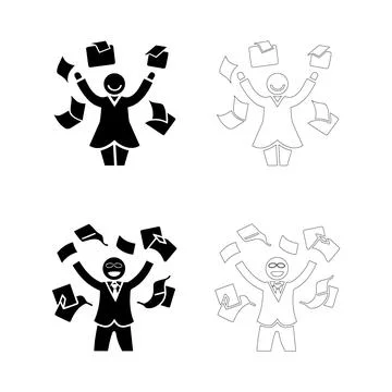 Celebration people with flying papers vector icons filled silhouette and ou.. Stock Illustration