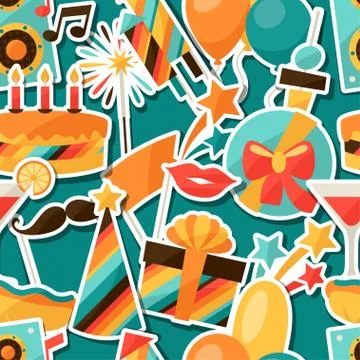 Celebration seamless pattern with party sticker icons and objects. イラスト素材
