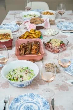 Celebration table with different dishes Foto stock