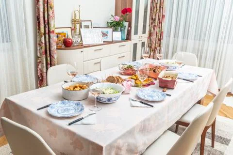 Celebration table with different dishes Stock Photos