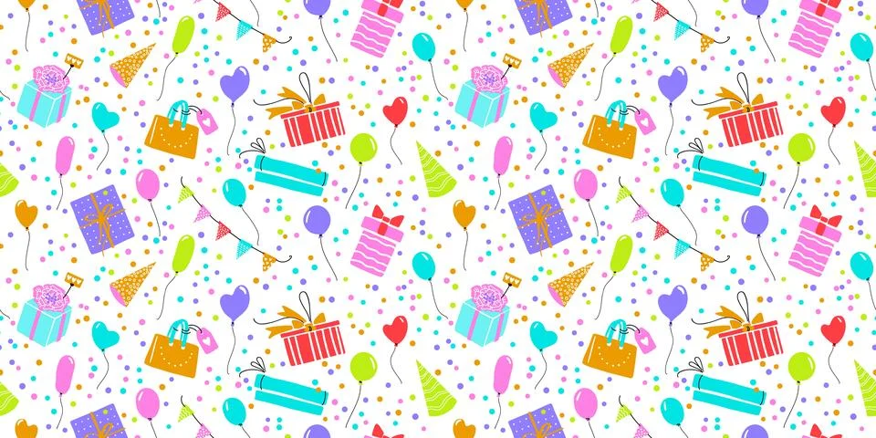 Celebration vector seamless pattern with gift boxes, confetti, balloons. Colo Stock Illustration